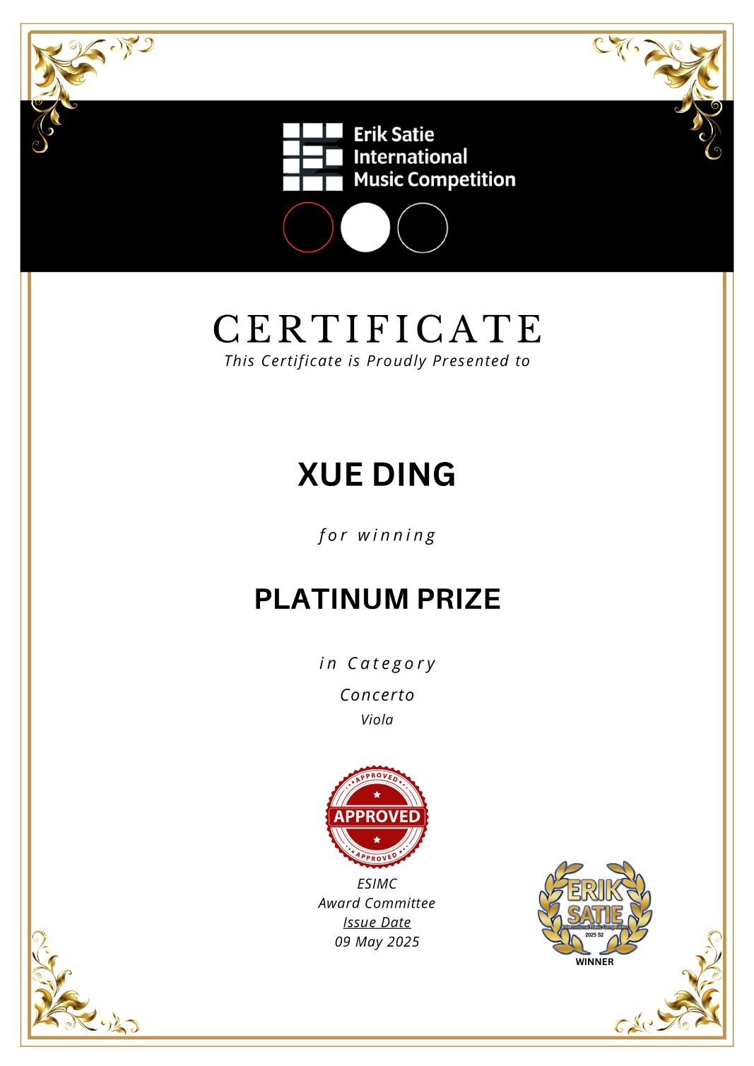 Celebrating a Stellar Achievement: Xue Ding Recognized with Gold and Platinum Honors at the Erik Satie International Music Competition